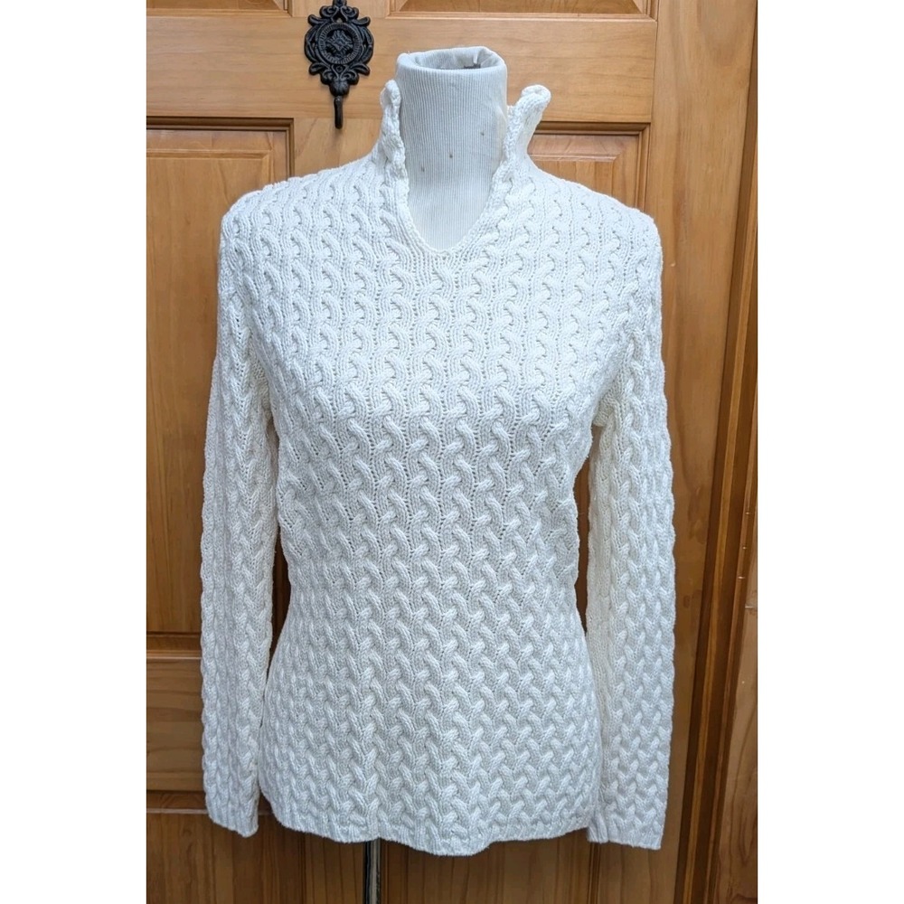 Liz Claiborne Women's Medium Sweater Cable Knit Ivory Classic Outdoors Pullover